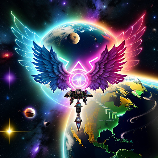 A cheerful transformer flies through space against the backdrop of planets. in angelcore style