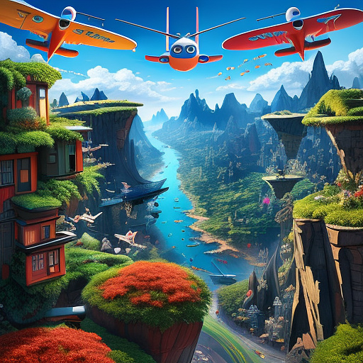Funny plane is flying. the side door of the plane is open. people are falling out of the plane. in disney 3d style