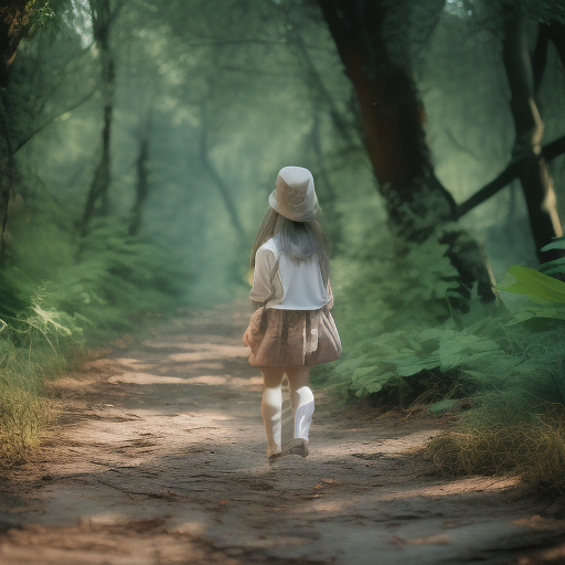 A 9-year-old girl is walking along a forest path. it's evening. she has a basket in her hand. view from behind. in custom style