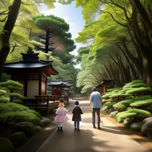 A man with his wife and two sons of 6 and 2 years old walking in the forest
 in anime style