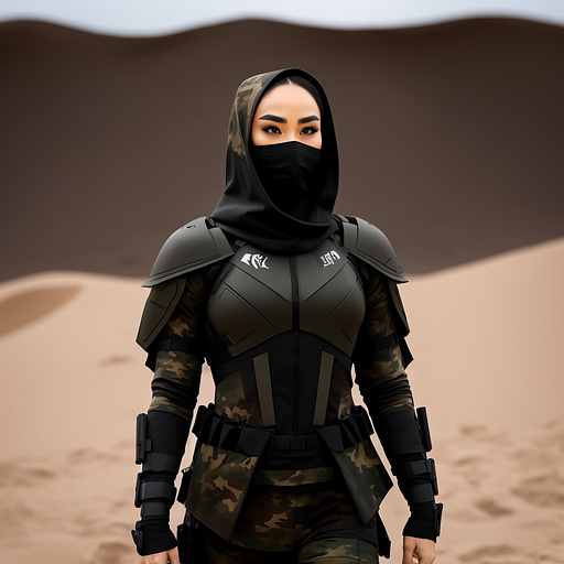 Fierce, intricate and organic tactical garb, with advanced ballistic properties, with very deep stunning hood and veiling cloth mask; faceless and mysterious; with hi-tech digital siamese camouflage; splashed with blood and sand in custom style