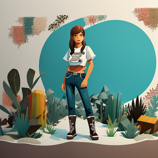 Extremely attractive 13 year old country girl with brown hair and big breasts wearing a really loose, dark brown, crop top t-shirt with jeans, boots, and a belt standing in front of a wood fence with chipped, white paint. in low poly style