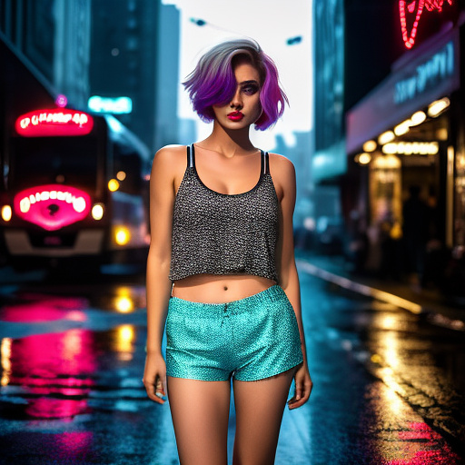 Style_cluster_450, a human female with pale skin, short hair that covers her eyes, eye makeup, and lipstick walks through a bustling city at night. she wears a tank top, displaying cleavage and skindentation, and dolphin shorts. she is pulling down her shorts to her knees and revealing her public hair. candles are visible in the background, along with neon lights and rain.
medium shot. in custom style