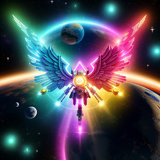 A cheerful transformer flies through space against the backdrop of planets. in angelcore style