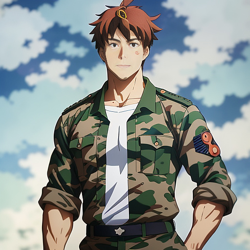 Military man in camo full body big arms big chest in anime style