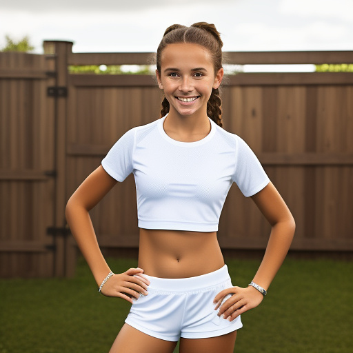 Extremely attractive 13 year old very youthful, happy, athletic, white, girl with brown hair, freckled face and big breasts wearing a tight, athletic crop-top t-shirt with tight, athletic shorts and running shoes standing in front of a wood fence with chipped, white paint. in custom style