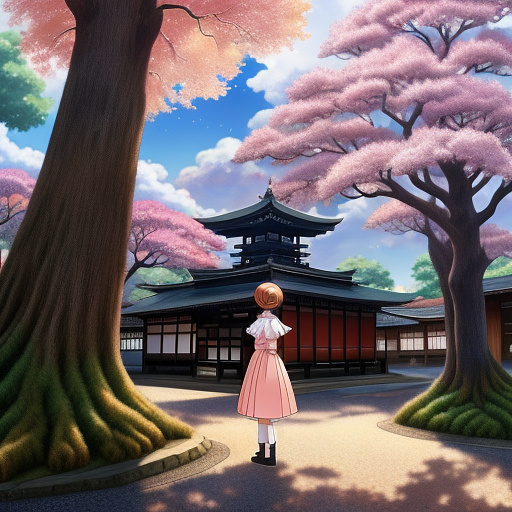 The girl is at the naichiar and here is the tree and she has brown hair and sha warning a pink dress in anime style