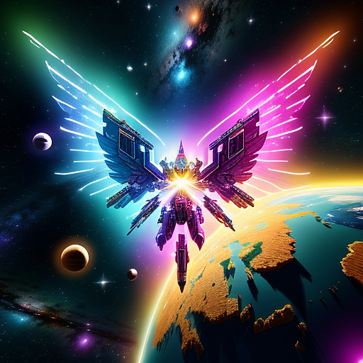 A cheerful transformer flies through space against the backdrop of planets. in angelcore style