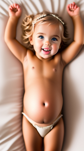 Realistic, detailed, 3-year-old blonde girl, pregnant, tan wedding outfit, showing belly, laying in bed, top down full body view, red blush, tan skin, mouth open,  in custom style