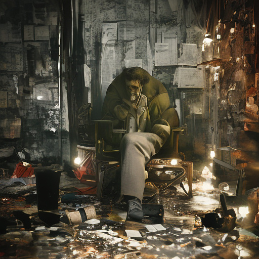 In a dark room, there is a telephone and a gun on the table. a man is sitting on a chair, and he is dead. in custom style