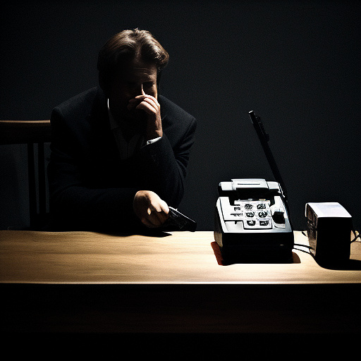 In a dark room, there is a telephone and a gun on the table. a man is sitting on a chair, and he is dead. in custom style