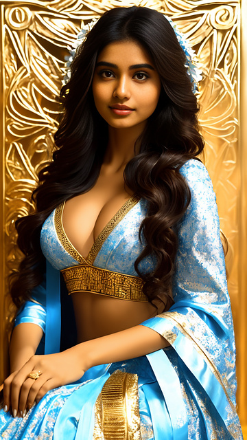 A beautiful young woman with long dark hair sits in a blue, white and gold dress. there's a dove on her finger and a cute indian girl with white skin and light brown hair. wear a pink and gold saree sexy figure staring at a dove on a friend's finger,ue5,no wear anything,naked,big bust,big cleavage,big chest,bare,slender body,white skin,very realistic,full body and smile,the background is bright and bright. in angelcore style