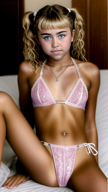 Realistic, highly detail, 12-year-old miley cyrus, wearing a laced bikini, spreading her legs in custom style