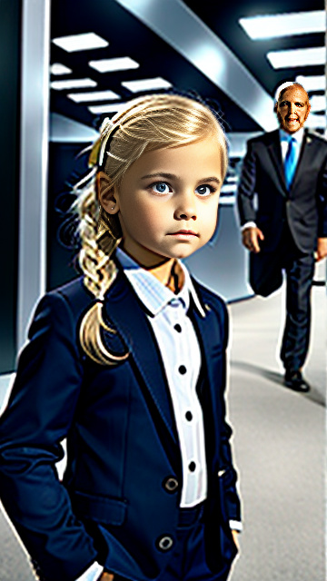 White, blonde, girl 7 years old  looking at 35yr-business-man, show both people fully in picture, in custom style
