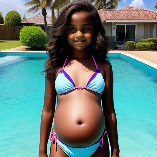 Pregnant 13-year-old girl wearing a bikini while showing her belly to the camera on her house in custom style