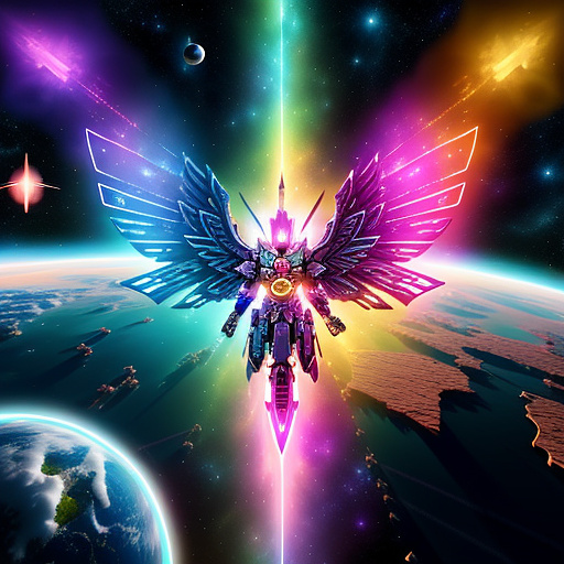 A cheerful transformer flies through space against the backdrop of planets. in angelcore style