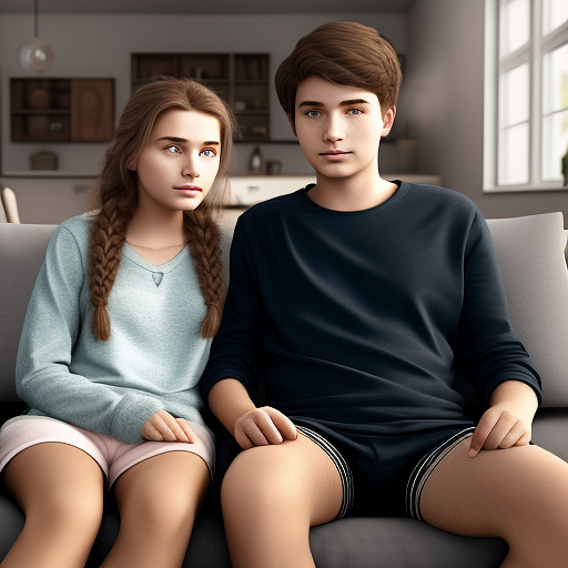 Ultra realistic a cute 14 year old german girl and her 20 year old brother are sitting on the sofa in the living room in their underwear in custom style