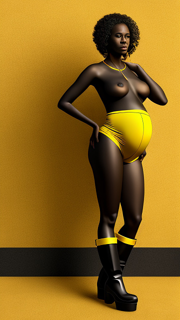 Realistic, detailed, pregnant, black skinned, nude, yellow boots, standing  in custom style