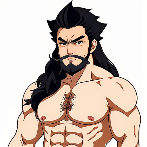 Muscle bara stud
long hair
beard 
hand-drawn in anime style