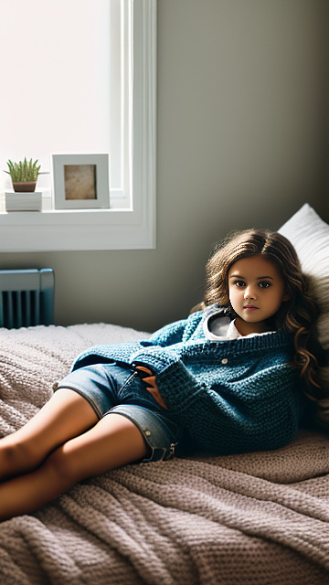 A stylish 11-year-old girl lounging on a sunlit bed, wearing denim shorts and an oversized sweater, soft natural light, cozy bedroom, warm tones, cinematic photography in custom style