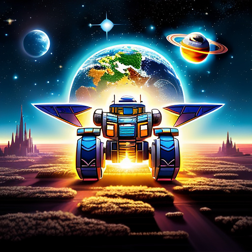 A cheerful transformer flies through space against the backdrop of planets. in disney painted style