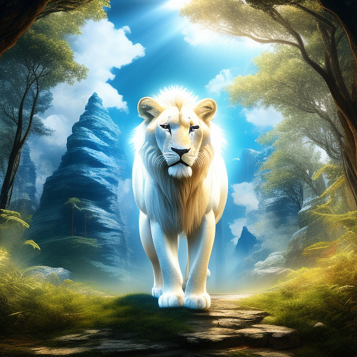 A white female lion with blue eyes in angelcore style