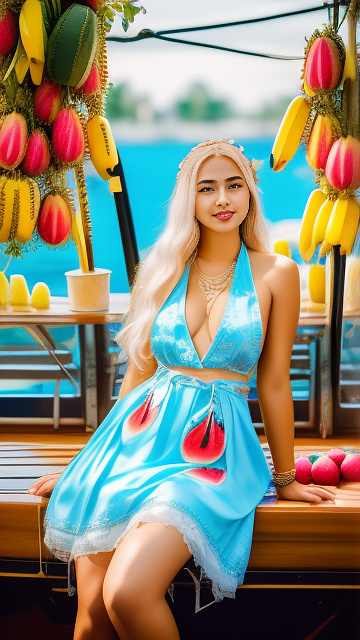 A young woman wearing a light blue traditional thai dress with a floral pattern sits on a boat. there is fruit on the boat. (banana, watermelon, pomelo) pie in the flea market, ue5,no wear anything,naked,big bust,big cleavage,big chest,bare,slender body,white skin,very realistic,full body and smile,bright background. in angelcore style