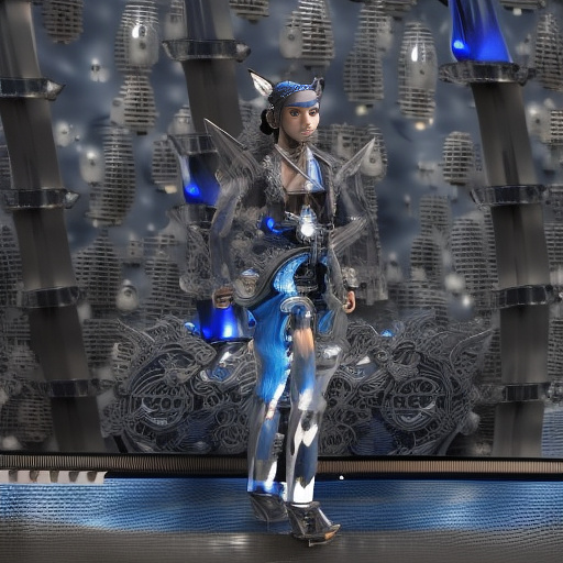 A kitsune woman with grey fur and blue glowing tails surrounded by blue glowing ghost flames in steampunk style