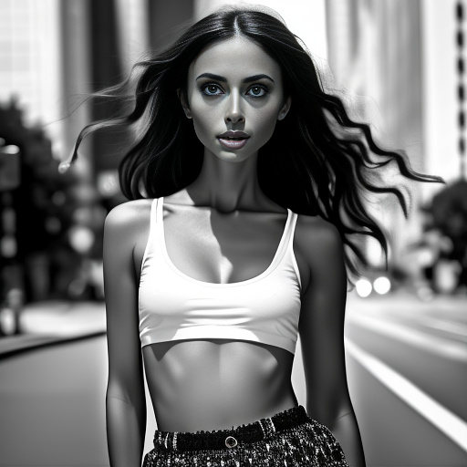 Realistic photo of a beautiful very skinny petite brunette woman, big eyes, mexican, pale white skin, big mouth, thin face wearing a mini skirt and mini top, full body in bw photo style