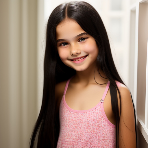 9-year-old caucasian white girl, long black hair, pretty, smiling, small breasts, wearing a pink tank top in custom style