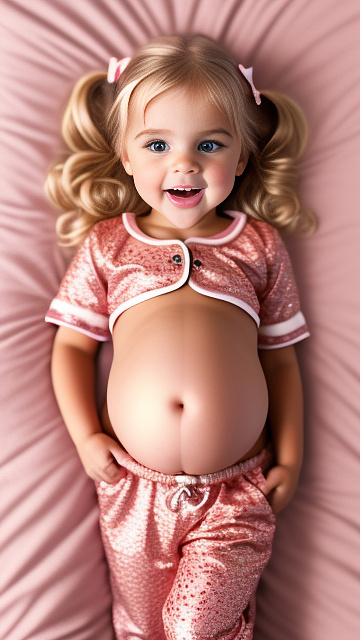 Realistic, detailed, 4-year-old blonde girl, pregnant, pajamas outfit, showing belly, laying in bed, top down full body view, red blush, dark skin, mouth open,  in custom style
