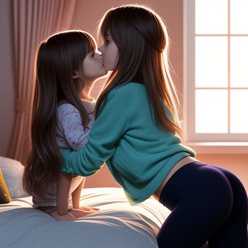 A romantic moment between a childhood couple in a cozy bedroom. the 11-year-old sexy hot girl, wearing a light, stylish bras and yoga pants, shares a gentle kiss with her 11-year-old boyfriend.  in anime style