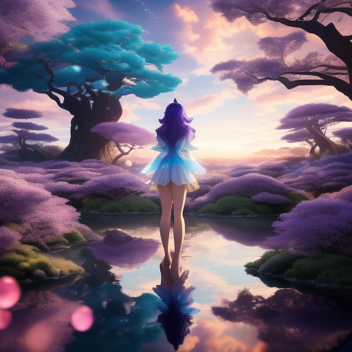 The image dépits a stylized,masterpièce charcter with vibrant long curly dark white purple hair,standing in body of water that appears to be magical creature  lake,deity of magic lake. (body correct,the body perfectly proportioned) the quenn fairy dark skin, glossy skin,is wearing a royale luxury haute couture dress with 3d fractal design.the background features a majestise celeste magical fairy sky with pink,orane blue and yellow indicating a sunset;the sky is filled with clouds,and the watheraround the fairy creating a dynamic and energetic astmophere.the petals fying;the particle litgh flying; the bubble water flying, the quality image very détalied and best quality, 4k resolution,production cinematographique caracter render. in anime style