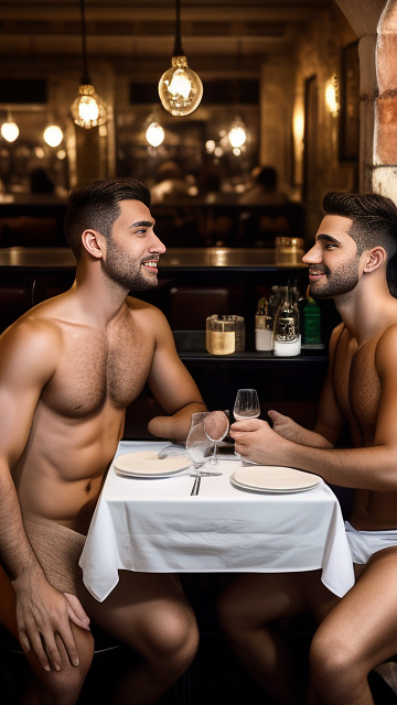 2 naked gays in italian restaurant.  in custom style