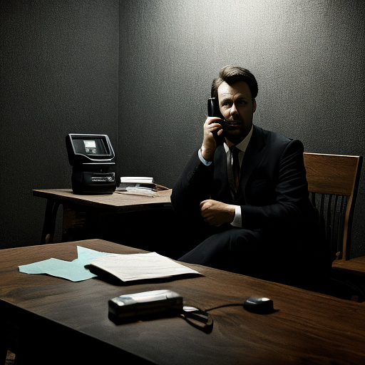 In a dark room, there is a telephone and a gun on the table. a man is sitting on a chair, and he is dead. in custom style