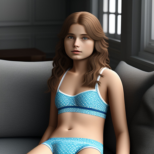 Ultra realistic a 15 year old german girl sits on the sofa in the living room in cute childlike underwear in custom style
