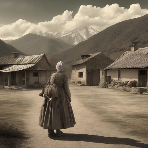 A woman bids farewell to village warrior, in front of their farmhouse, mountains in the background, wispy clouds,
 in realistic style