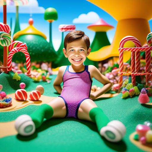 10 year old boy in tight swim suit spreading legs to camera in kids painted style