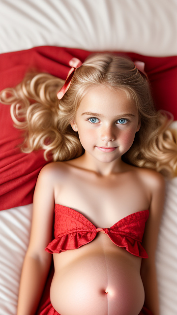 Realistic, detailed, 10-year-old blonde girl, in red peach dress, pregnant, laying in bed, top down full body view, red blush, right hand on belly   in custom style