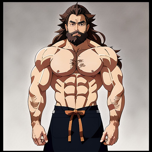 Muscle bara stud
huge pecs
huge chest
long brown hair
beard 
blacksmith apron in anime style