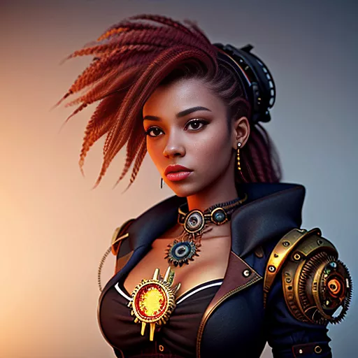 Girl with dark skin, bright red eyes, gold jewelry, and long curly, dark red hair in steampunk style