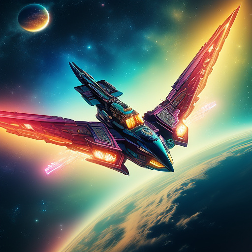 A cheerful transformer flies through space against the backdrop of planets. in angelcore style