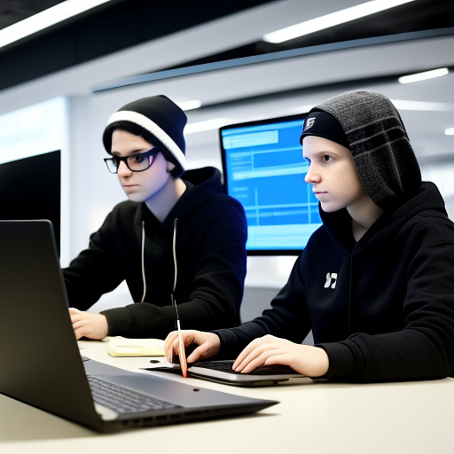 A group of people are busy on their laptops, doing as professionals do: hacking. skelersecurity. the group has a boy and 2 girls. mention as they are hacking. make the look realistic.

 in custom style