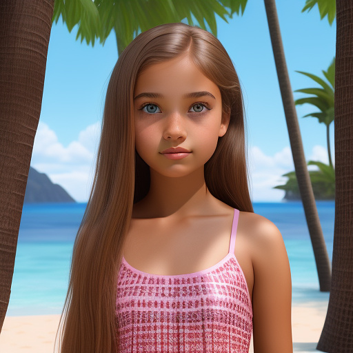 An eleven year old girl with light brown mid length straight hair, light brown eyes, wearing makeup and is wearing a two piece pink bathing suit  in disney 3d style