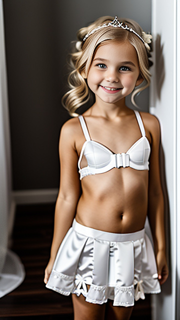 White, blonde, very cute, smiling, girl 4 years old, thin bra, nipples poking , mini skirt, bride tiara, garter belts, standing next to uncle in custom style