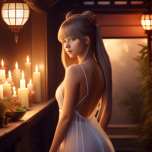 1 woman (lalisa manobal, age 25,sheer airy colorful dress) is a seductive witch, seduction magic cast at conan, high fantasy, exotic bedroom loads of candles and animal furs, looking back over her shoulder
 in anime style