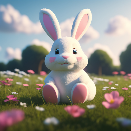 A white and pink bunny smiling sitting on a meadow. in disney 3d style