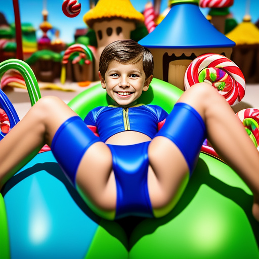 10 year old boy in a tight swim suit spreading legs towards the camera in kids painted style