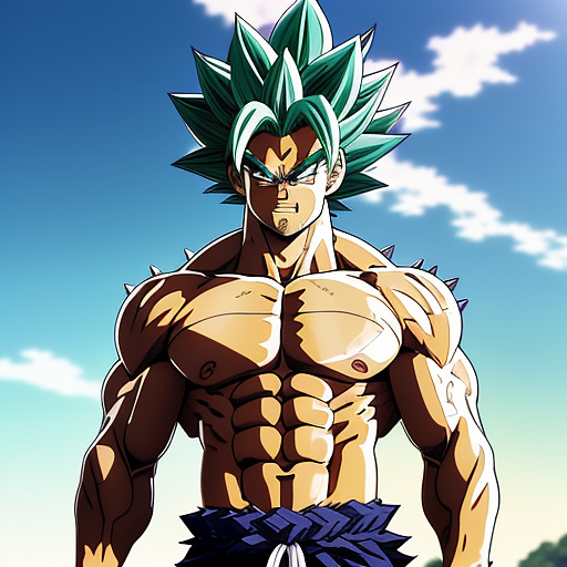 Muscle bara stud
long spiky green hair
beard 
huge pecs
huge chest
broad shoulders
dragon ball z art style
saiyan armor in anime style
