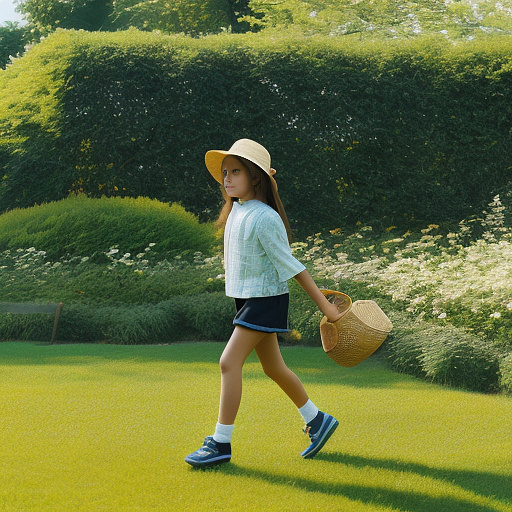 A girl is skipping across a sunny lawn. she has a basket in her hands and a hat on her head. in custom style